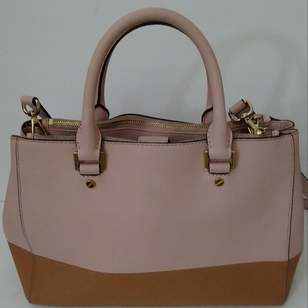Michael Kors Satchel Bag Purse Double Handle Logo Charm Pink/Tan - Picture 11 of 16